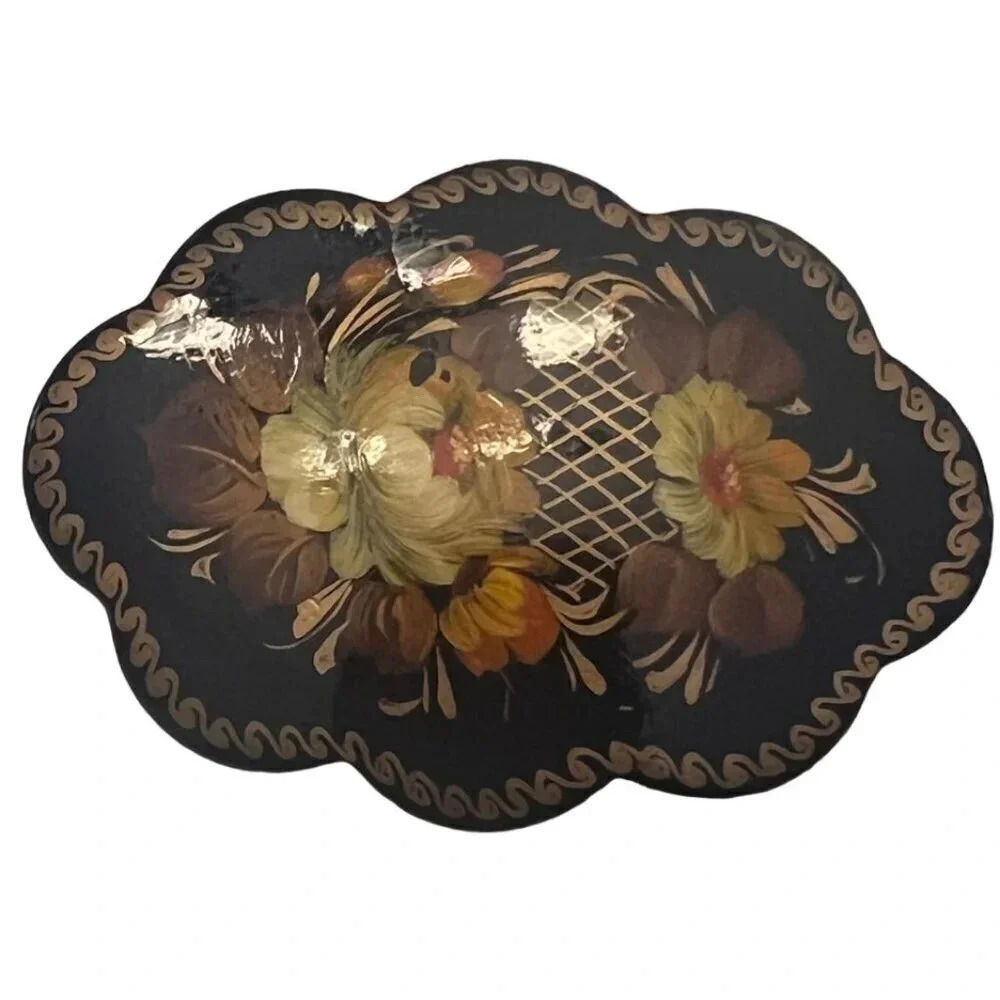 Vintage 60s-70s Hand Painted Floral Wooden Brooch Pin Black Signed
